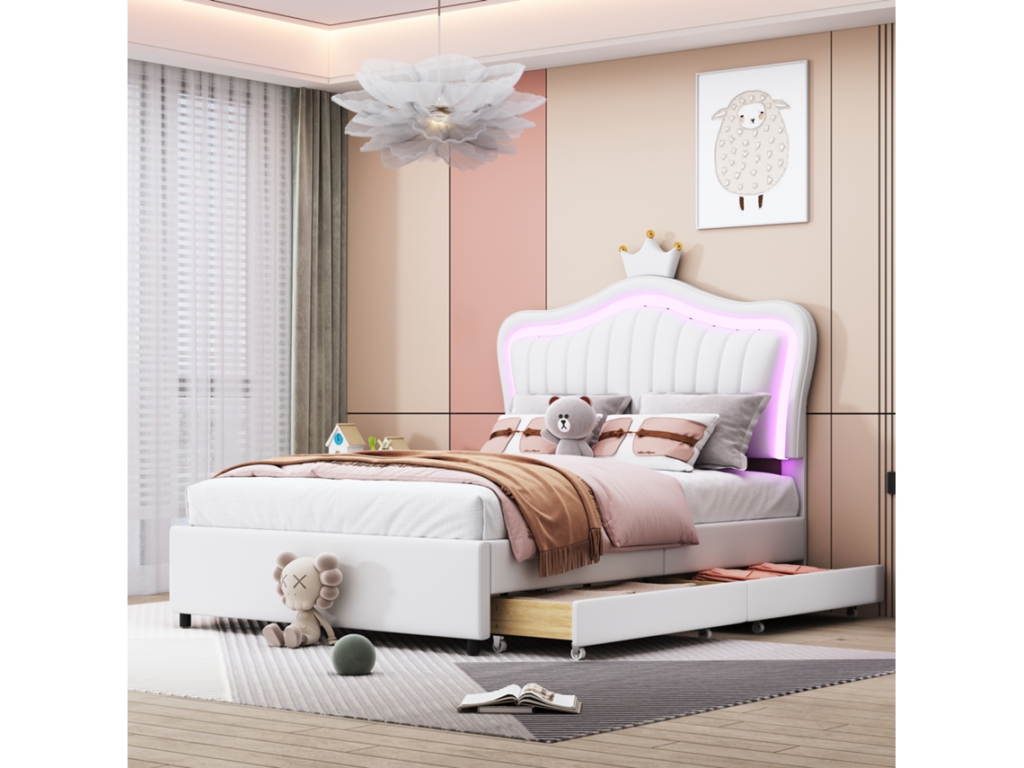 Cama Infantil 90x200 Pu Branco Led e Gavetas