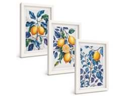 Composição De Quadros Na Parede Limões, Galhos, Folhas Azuis Moldura Branca Quadros Para A Sala De Estar Espelharte (3 Peças 20x30 Cm)