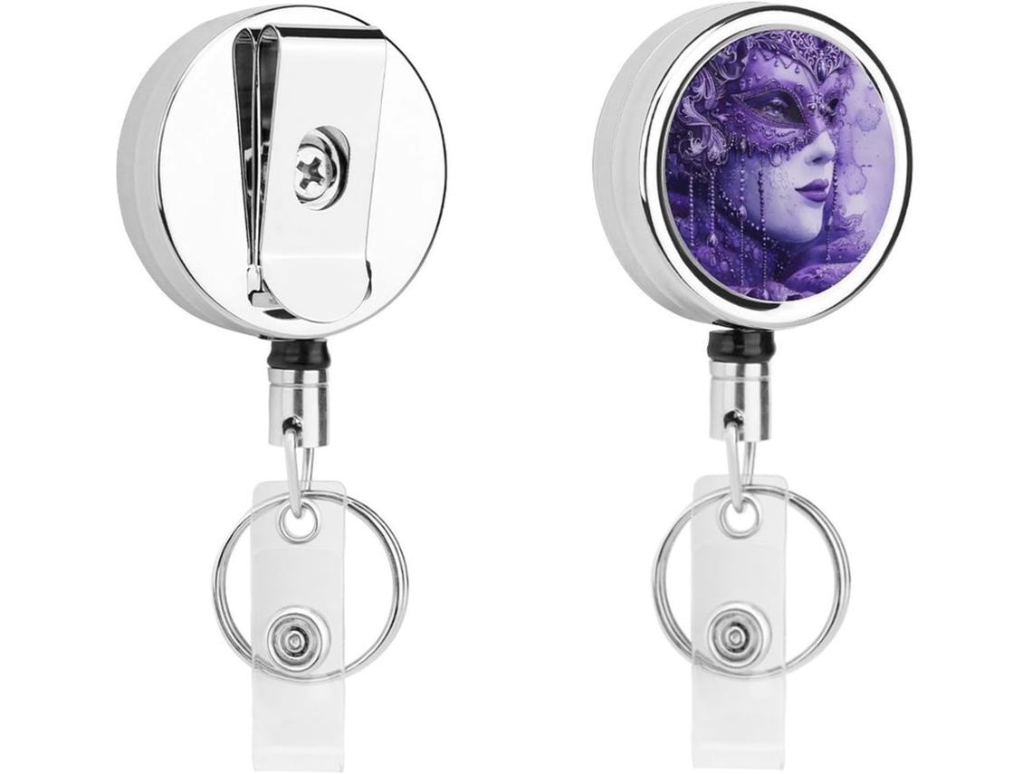 Porta Crachá Retrátil Roxo Texturizado Com Efeito Degradê, Feito De Metal Resistente, Com Chaveiro Divertido E Cordão De