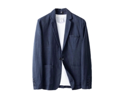 Blazer De Lino Com Manga Longa, Gola Notch E Fecho De Botão - Ideal Para Ocasiões Formais E Casuais Azul Marinho