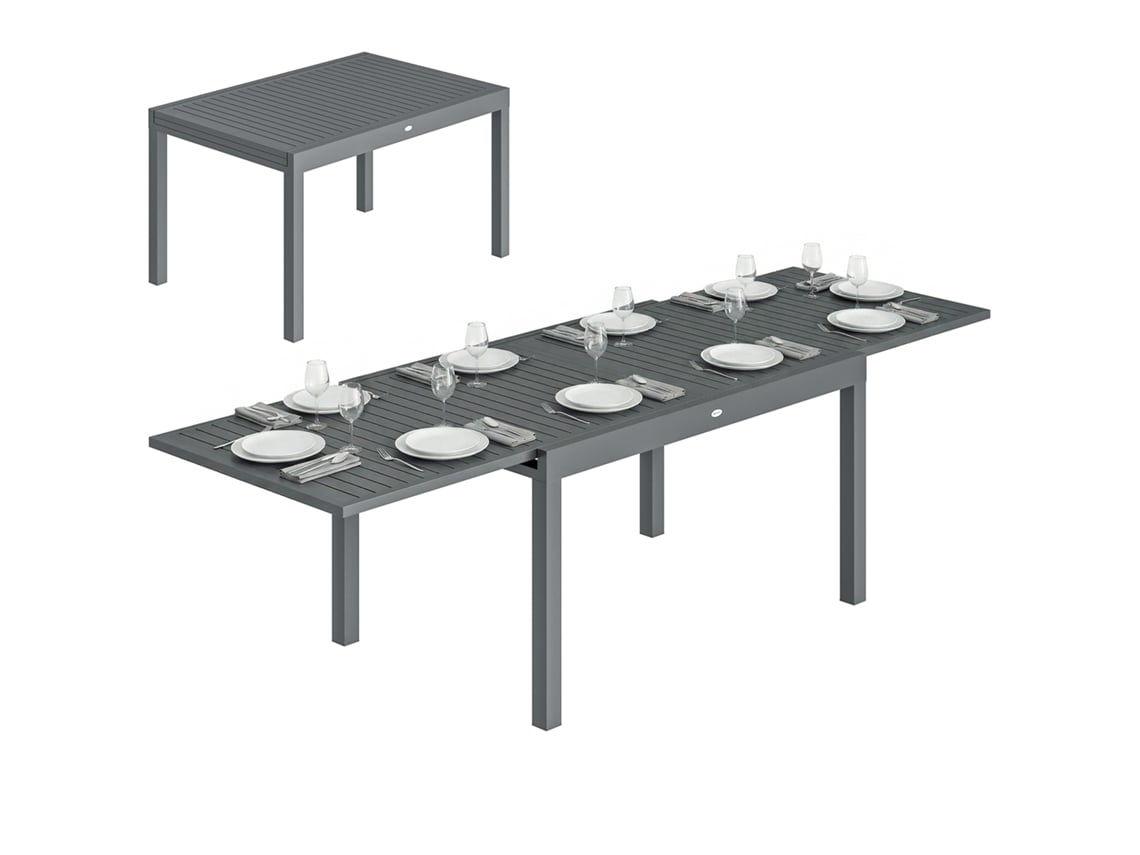 Mesa de jantar extensível, 135/270cm, alumínio, tampo ripado, cinza escuro NOVAVEST