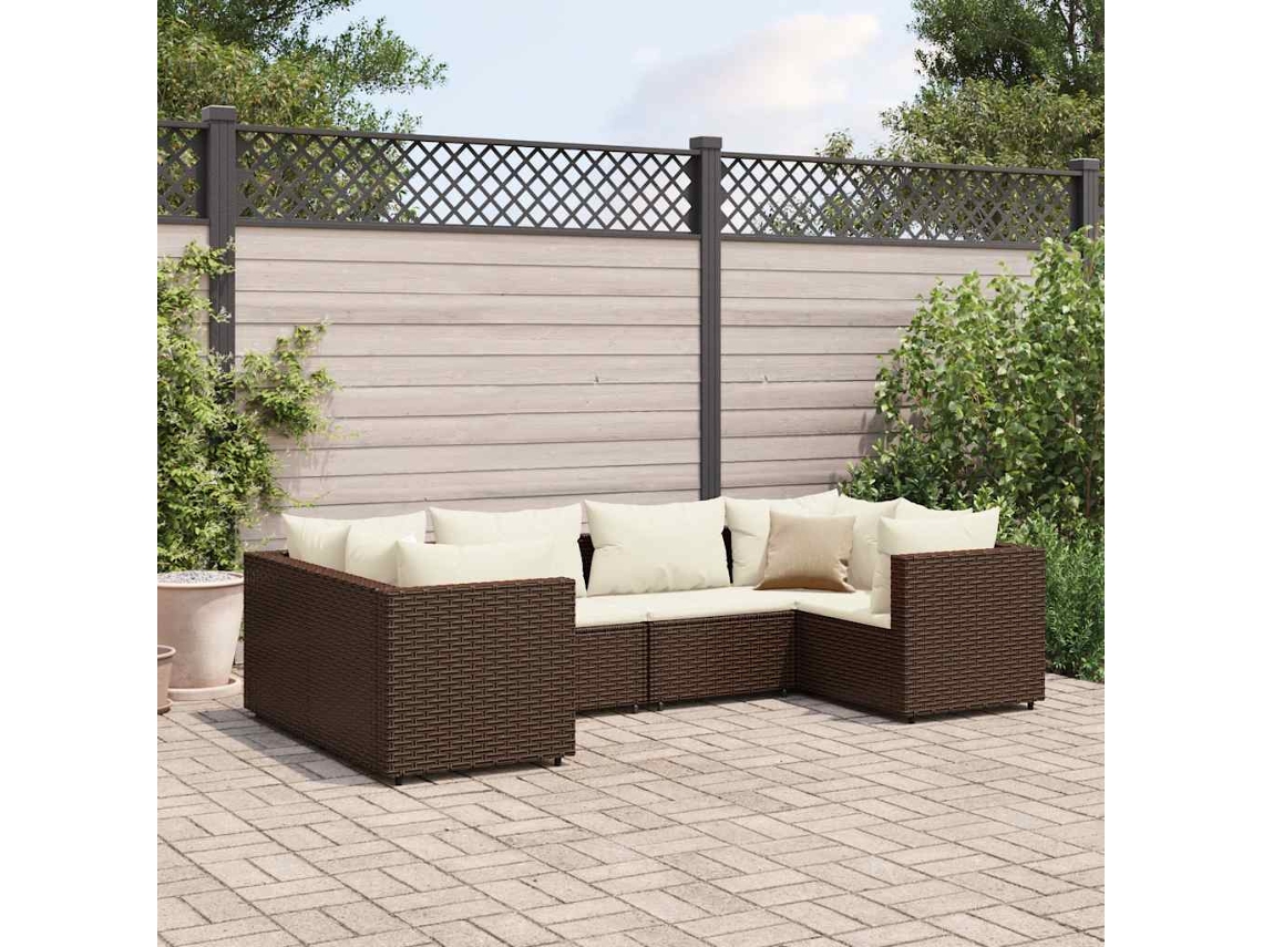 Vidaxl 6 Pcs Conj. Lounge Jardim C/ Almofadões 6 Pcs Vime Pe Castanho