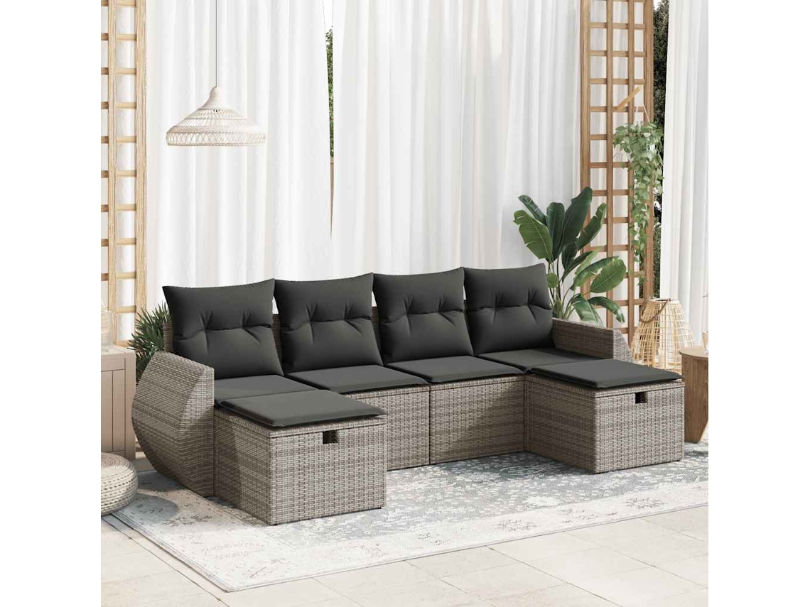 Vidaxl 6 Pcs Conjunto Sofás De Jardim Com Almofadões Vime Cinzento