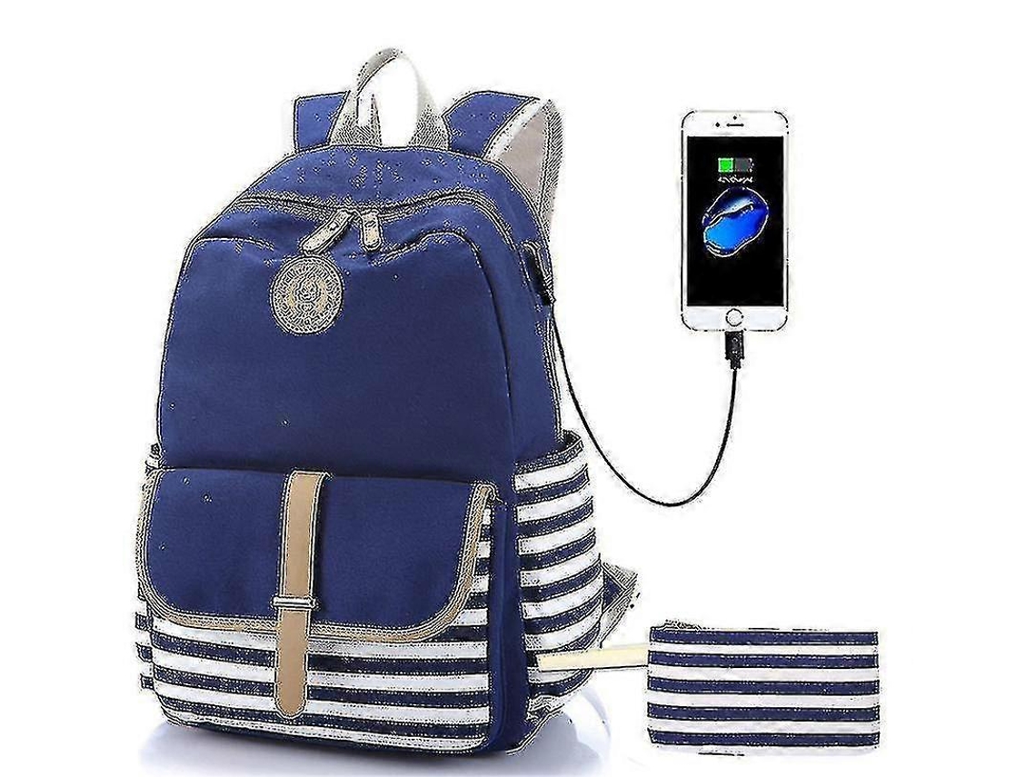 Mochila Escolar De Lona Listrada Yyh Com Usb Olysi Shop (azul Royal)