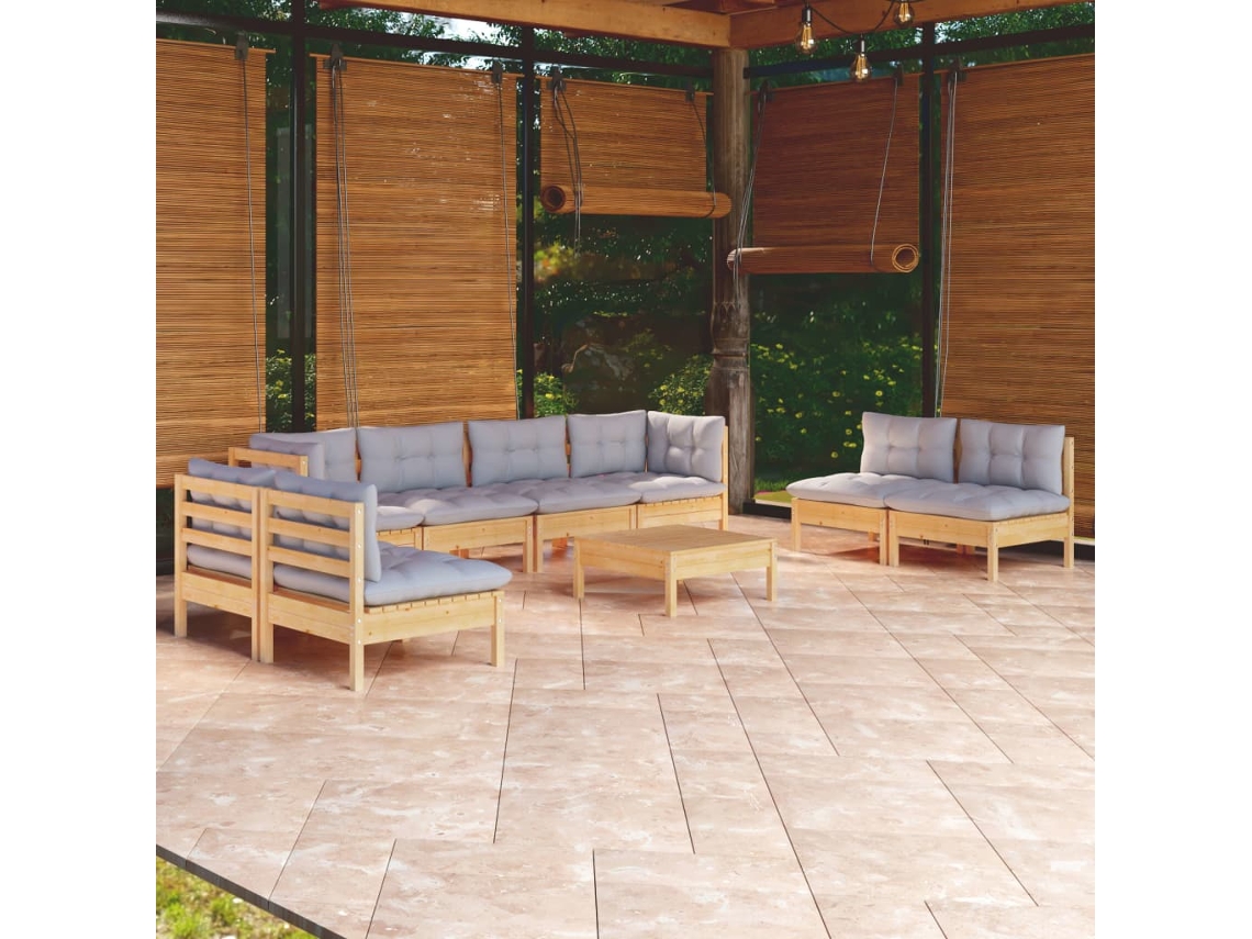 Vidaxl 9 Pcs Conjunto Lounge De Jardim + Almofadões Cinza Pinho Maciço