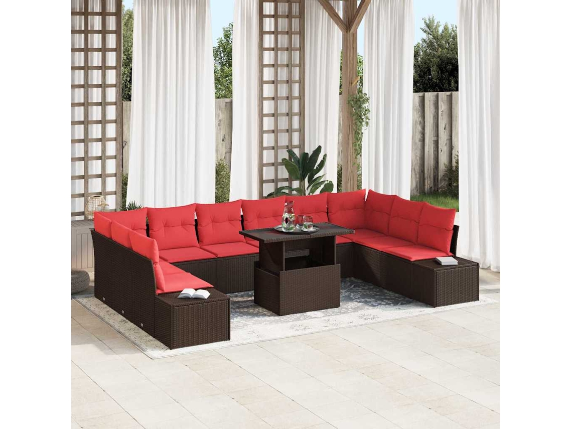 Vidaxl Conjunto De Sofá De Jardim 11 Unid. Marrom E Vermelho Vime Pe