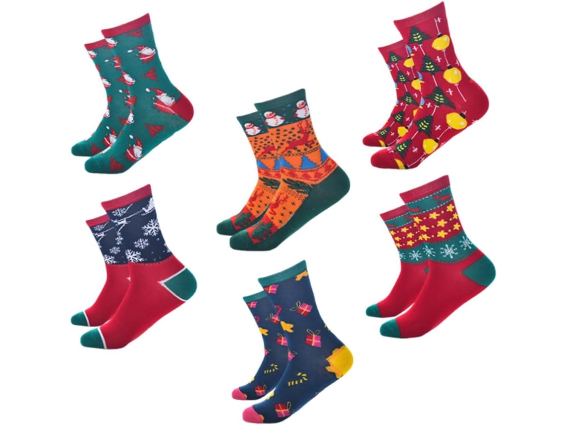 Conjunto Com 6 Pares De Meias Quentinhas De Algodão Para Adultos Com Estampas Natalinas. Lindo Conjunto Estampado.