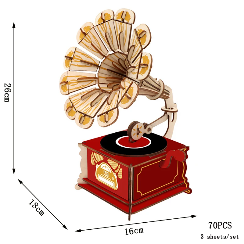 Quebra cabeça 3d de Madeira, Eletrodoméstico Retrô, Modelo para Montar (faça Você Mesmo) MDUG (toca discos Fonético)
