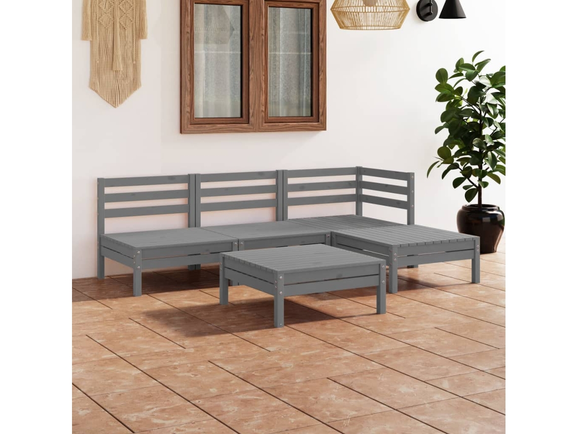 Conjunto 5 Peças Lounge De Jardim Pinho Maciço Cinza Dkd Home Decor