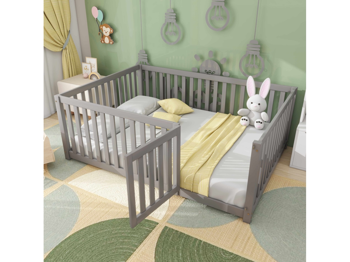 Cama Infantil 140x200 Cm Estrutura Em Madeira Com Barreira E Porta Cinza Estilo