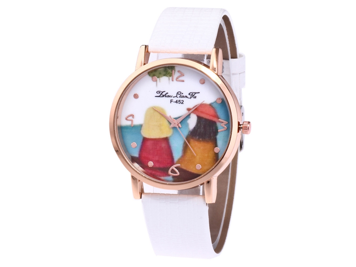 Relógio feminino Zhoulianfa de quartzo com pulseira de couro PU e mostrador redondo branco.