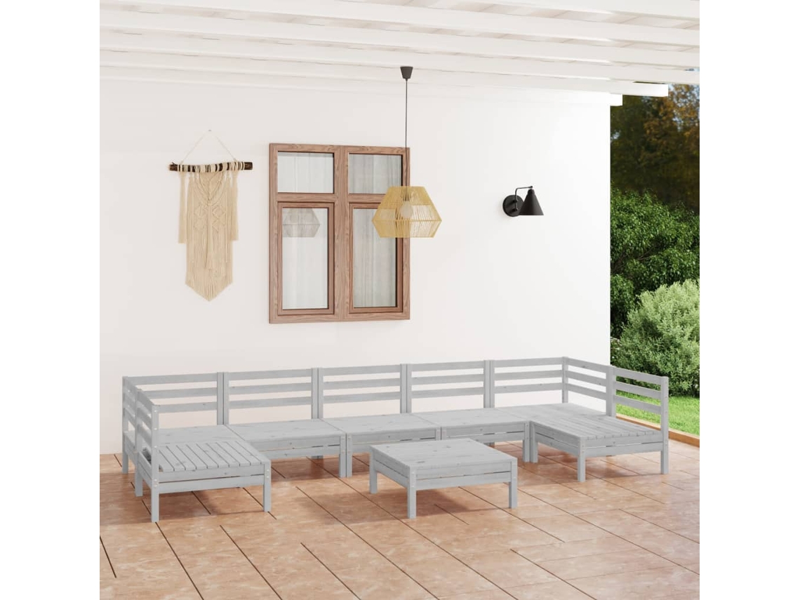 Conjunto Lounge Jardim Pinho Maciço Branco 8 Pcs Dkd Home Decor
