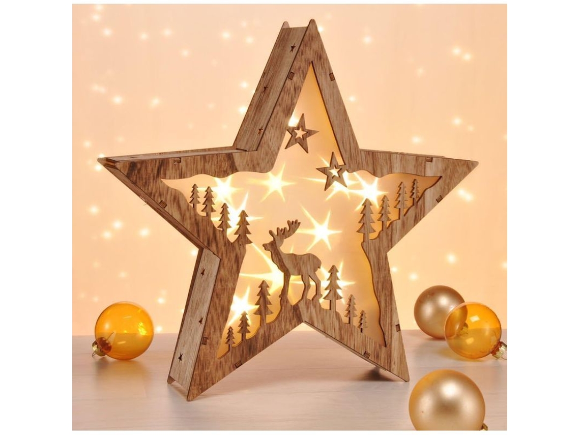 Lâmpada decorativa led 3d em forma de estrela de madeira com 10 leds branco quente S/MARCA