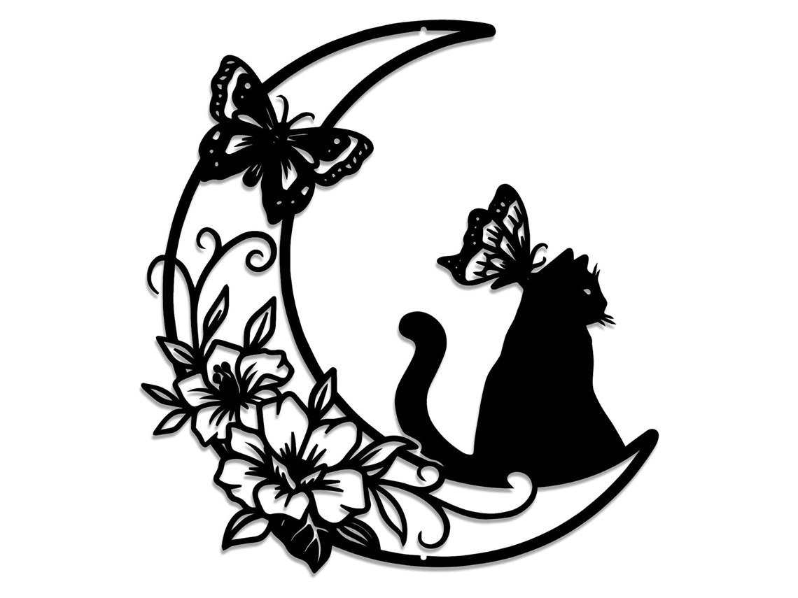 Laxiscreed Decorativo Gato E Lua Em Metal Preto Para Parede – Ideal Para Sala Ou Sala De Estar