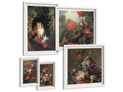 Composição De Quadros Flores Vintage, Gatos, Natureza Moldura Branca Fotos Para O Escritório Espelharte (conjunto De 5 Imagens)