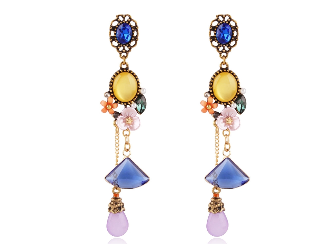 Brinco De Ouvido Longo Estilo Étnico Strass Floral