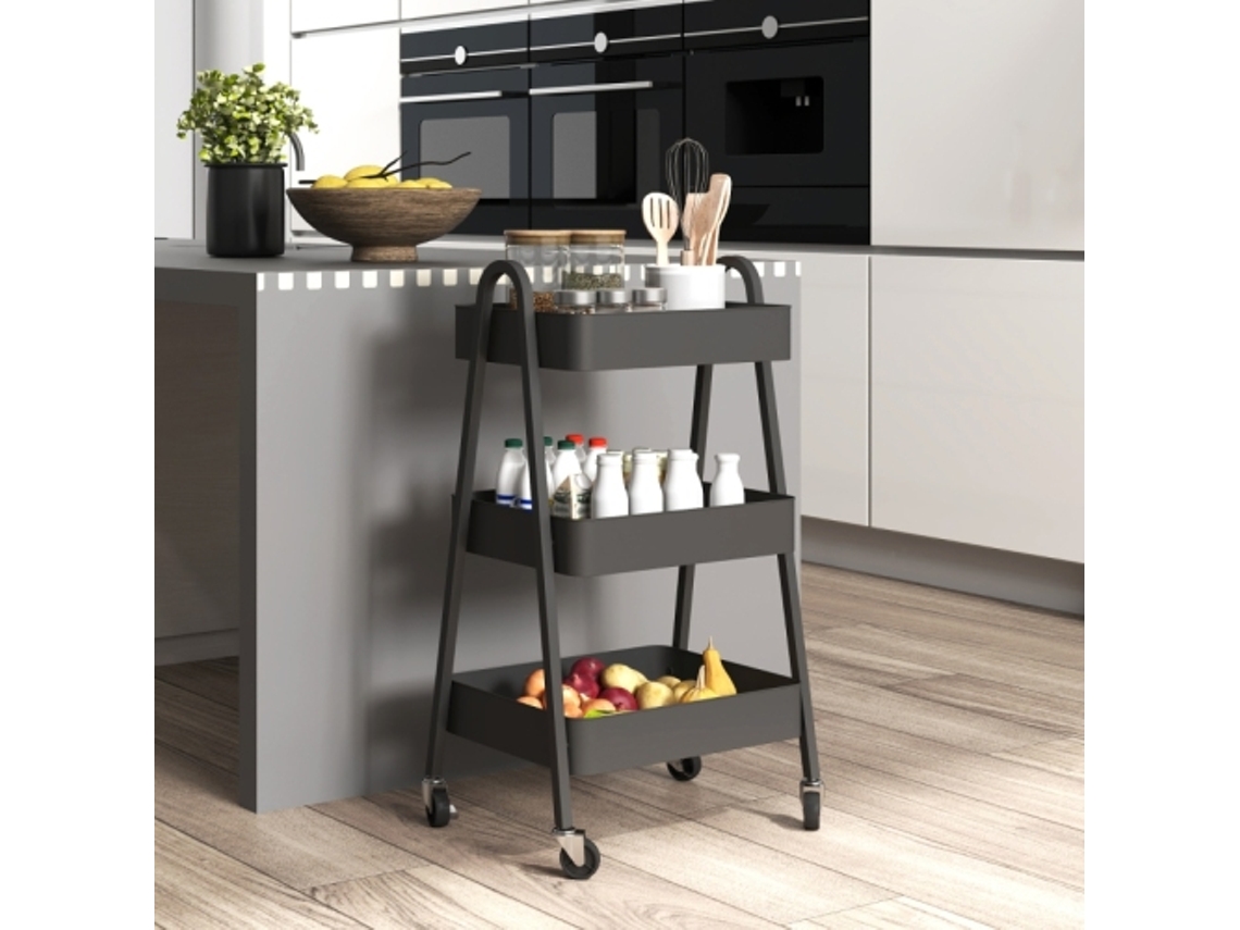 Carrinho de Cozinha com 3 Prateleiras, Rodas e Freio, Ideal para Cozinha, Escritório e Banheiro, Preto Liptaptyn