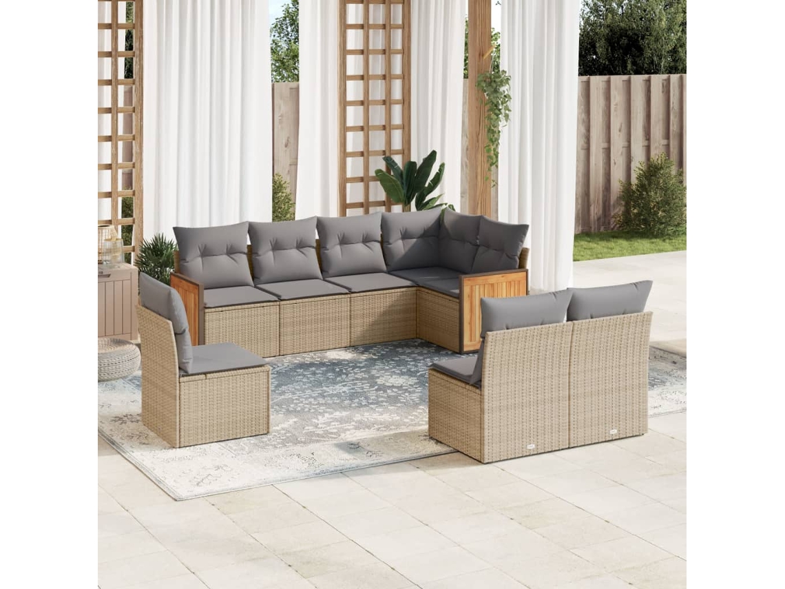 Conjunto de 8 Sofás para Jardim com Almofadas Vime Pe Bege Dkd Home Decor