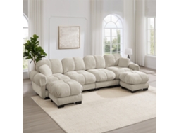 Sofá De Canto U 4 Lugares Em Chenille Com 2 Pufes Móveis, Design Acolchoado E Encosto Ergonómico, Caqui Claro