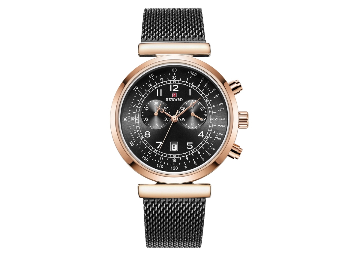 Relógio masculino de quartzo com pulseira de malha de aço, estilo casual e profissional (ouro rosa + preto)