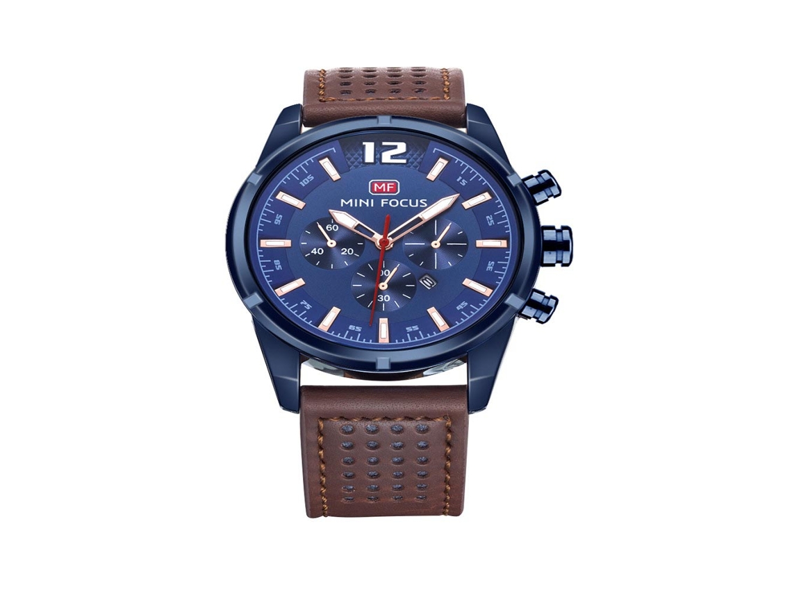 Relógio masculino Mini Focus analógico de quartzo em couro com pulseira azul/marrom