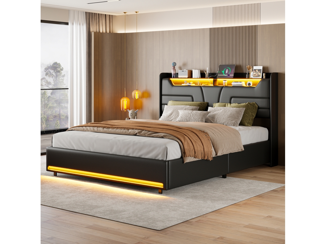 Cama De Casal Estofada 140 X 200 Cm Com Iluminação Led, Cama Funcional Com Arrumação Hidráulica E Estrado De Ripas, Sem Colchão, Pu (preto)