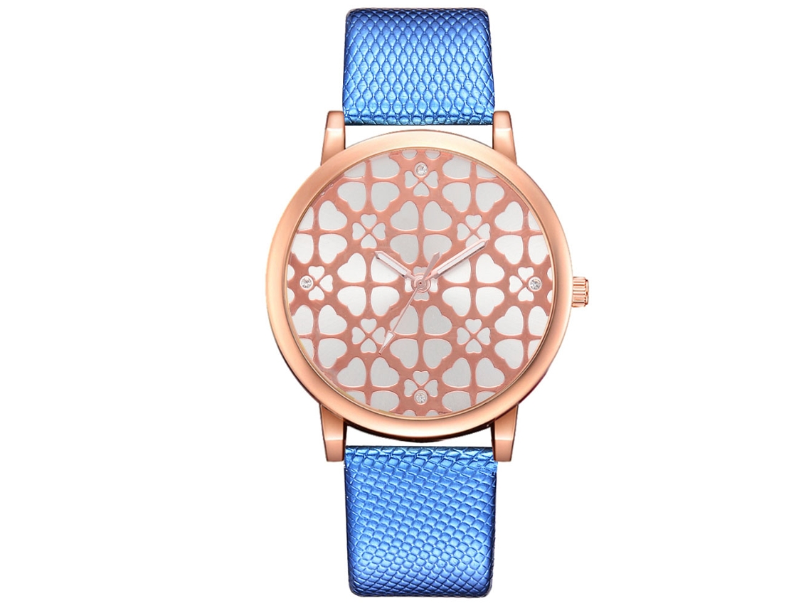 Relógio de Pulso Feminino de Quartzo com Pulseira Pu Fake Crocodile e Strass Azul