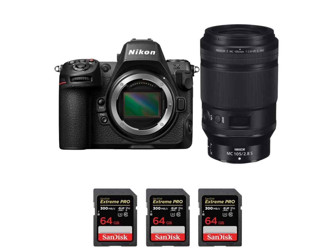 Z8 + Z Mc 105mm F/2.8 Vr S Macro + 3 Sandisk 64gb Uhs ii 300mb/s Máquina Fotográfica Híbrida Full frame + Ebook Pricedirect NIKON