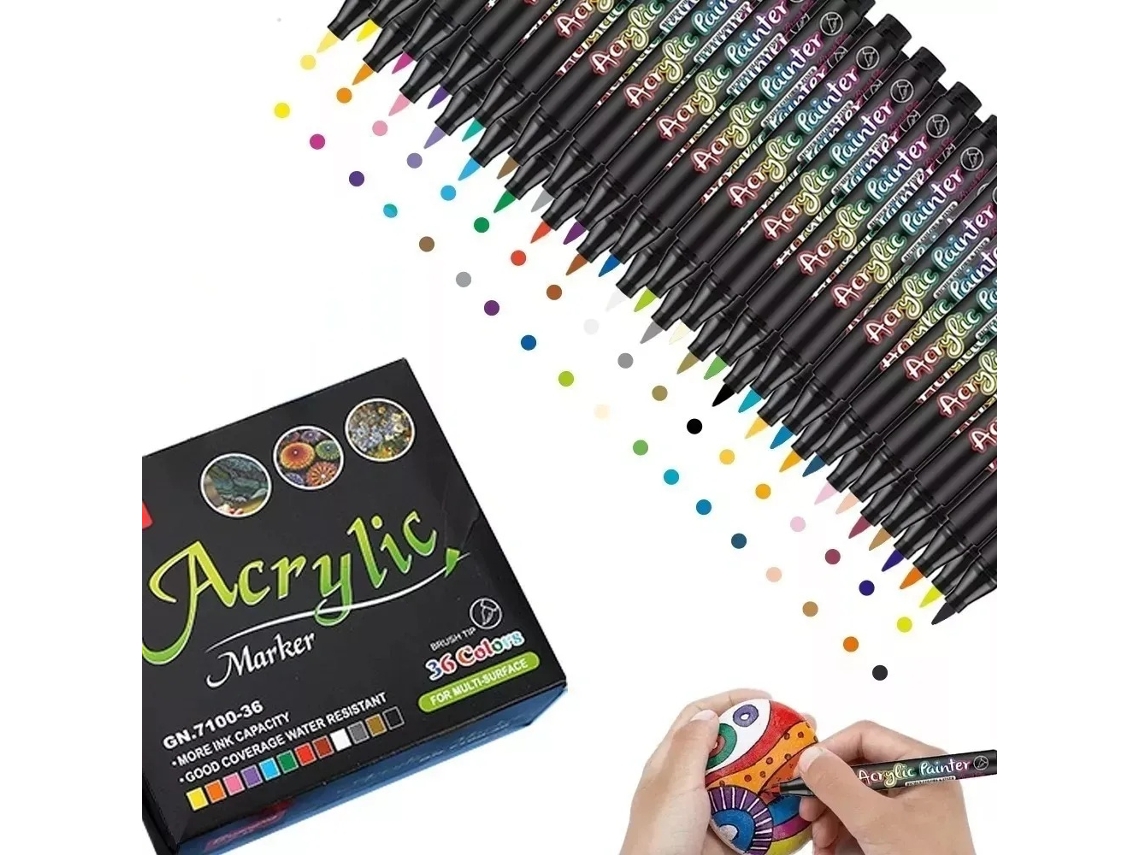 Lurelia Kit 36 Canetas Acrílicas Ponta Pincel 1-3 Mm Para Pedra, Vidro E Tela