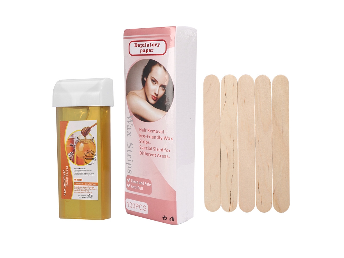 Kit De Depilação Com Cera 100g, 100 Lâminas Depilatórias E 5 Espátulas De Madeira (mel)