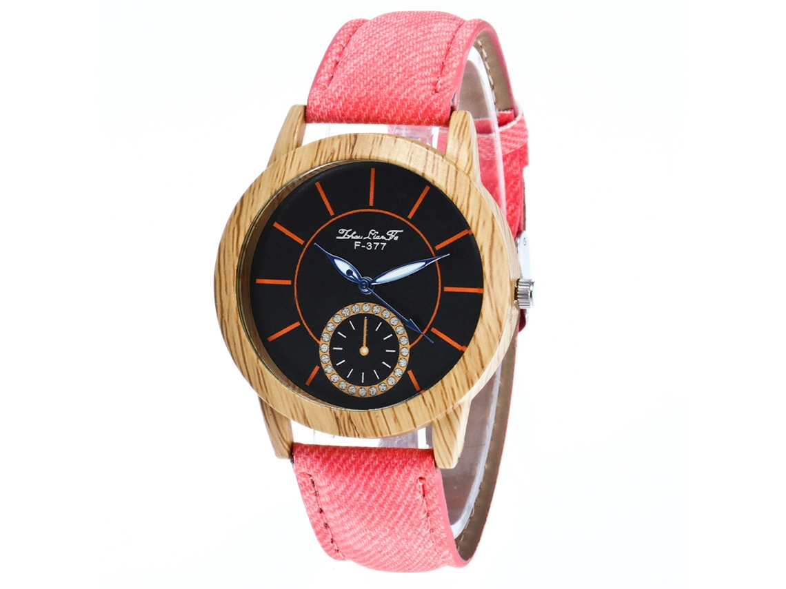 Relógio de Pulso Feminino de Quartzo com Pulseira de Jeans Estilo Simples Dial Redondo Rosa