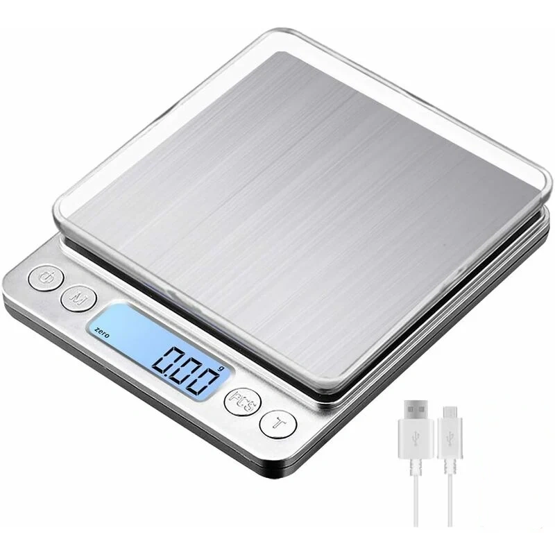 Balança de Cozinha Digital Recarregável via USB, 3 kg/0,1 g, aço inox, função Tara, AQUAFORGE