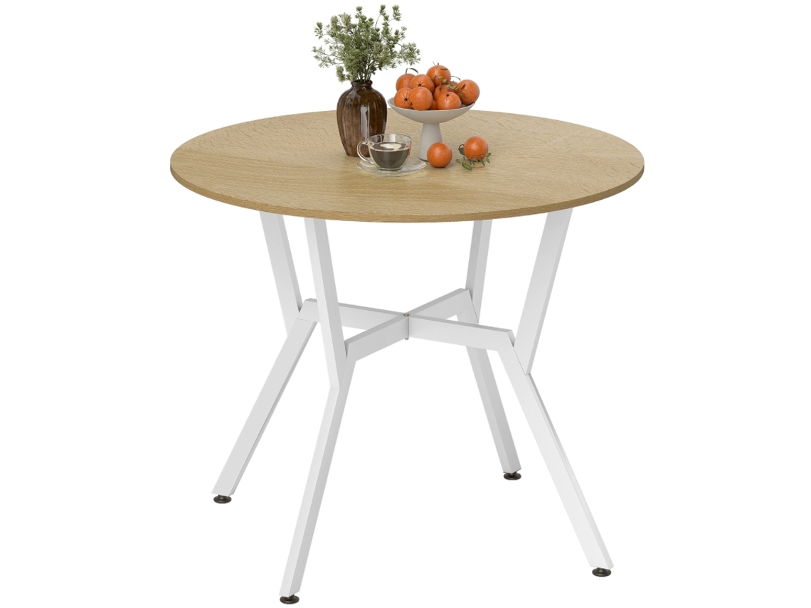 Mesa De Jantar Redonda Para 2 Pessoas,cozinha Industrial Com Pés De Aço Curvos,90x90x76cm,acabamento Natural E Branco