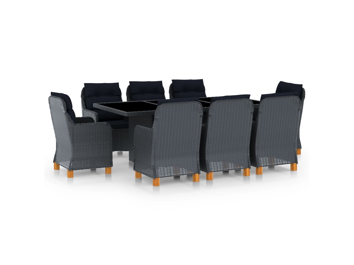 Vidaxl 9 Pcs Conj. Jantar Exterior C/ Almofadões Vime Pe Cinza escuro