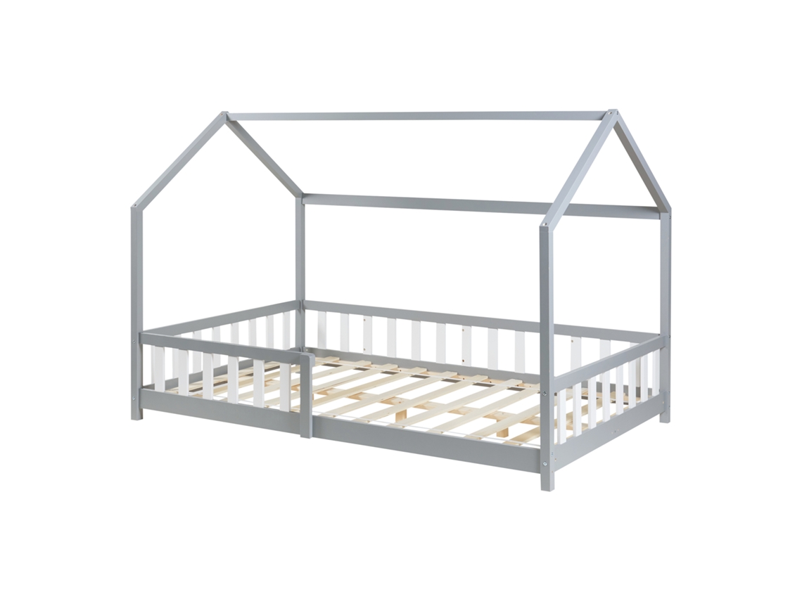 Cama de Criança Hesel em Forma de Casa de Pinho com Grelha 120X200Cm Cinzento [EN.CASA]