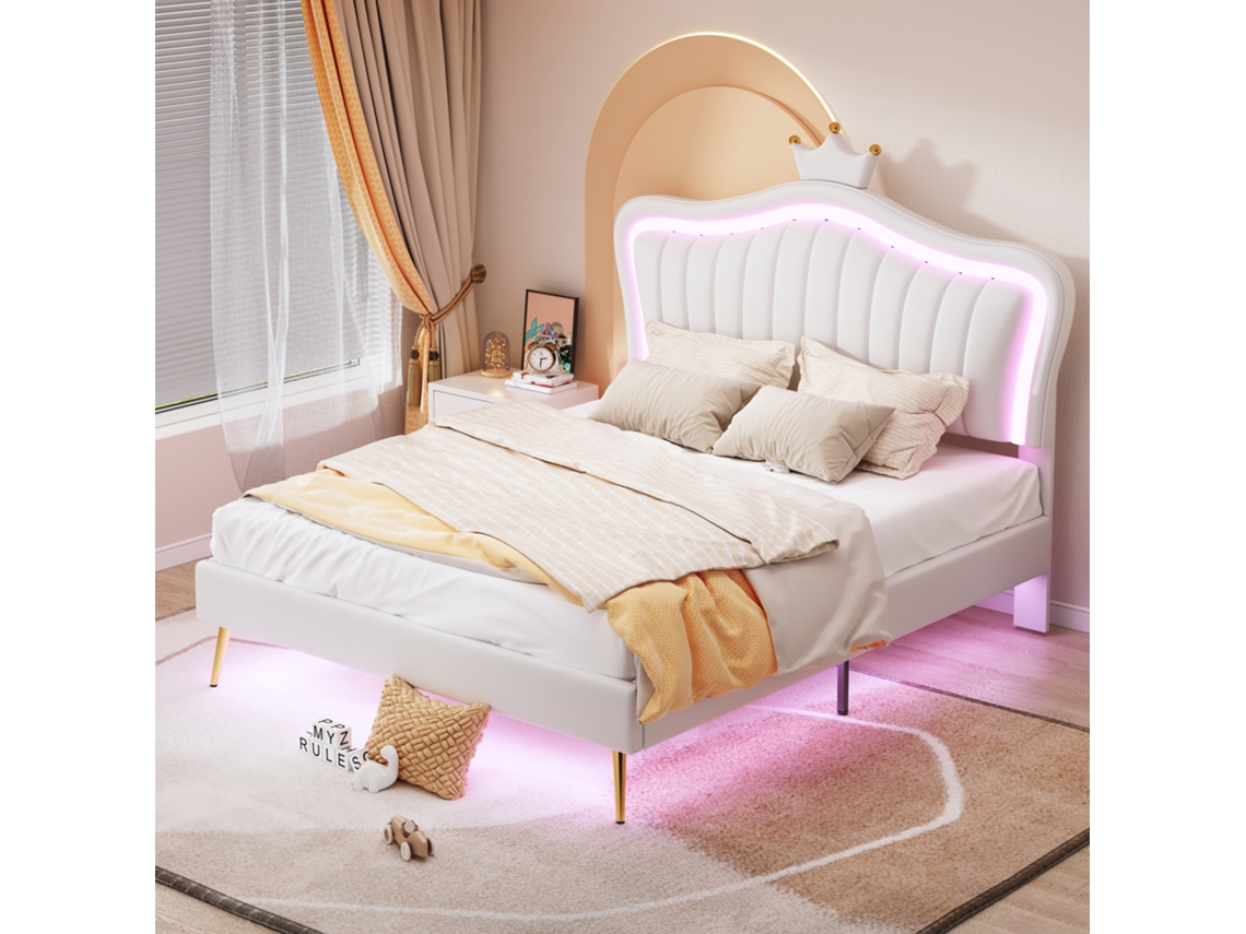 Cama Polster Menina 140x200cm Leito Coroa Branco Led Látice