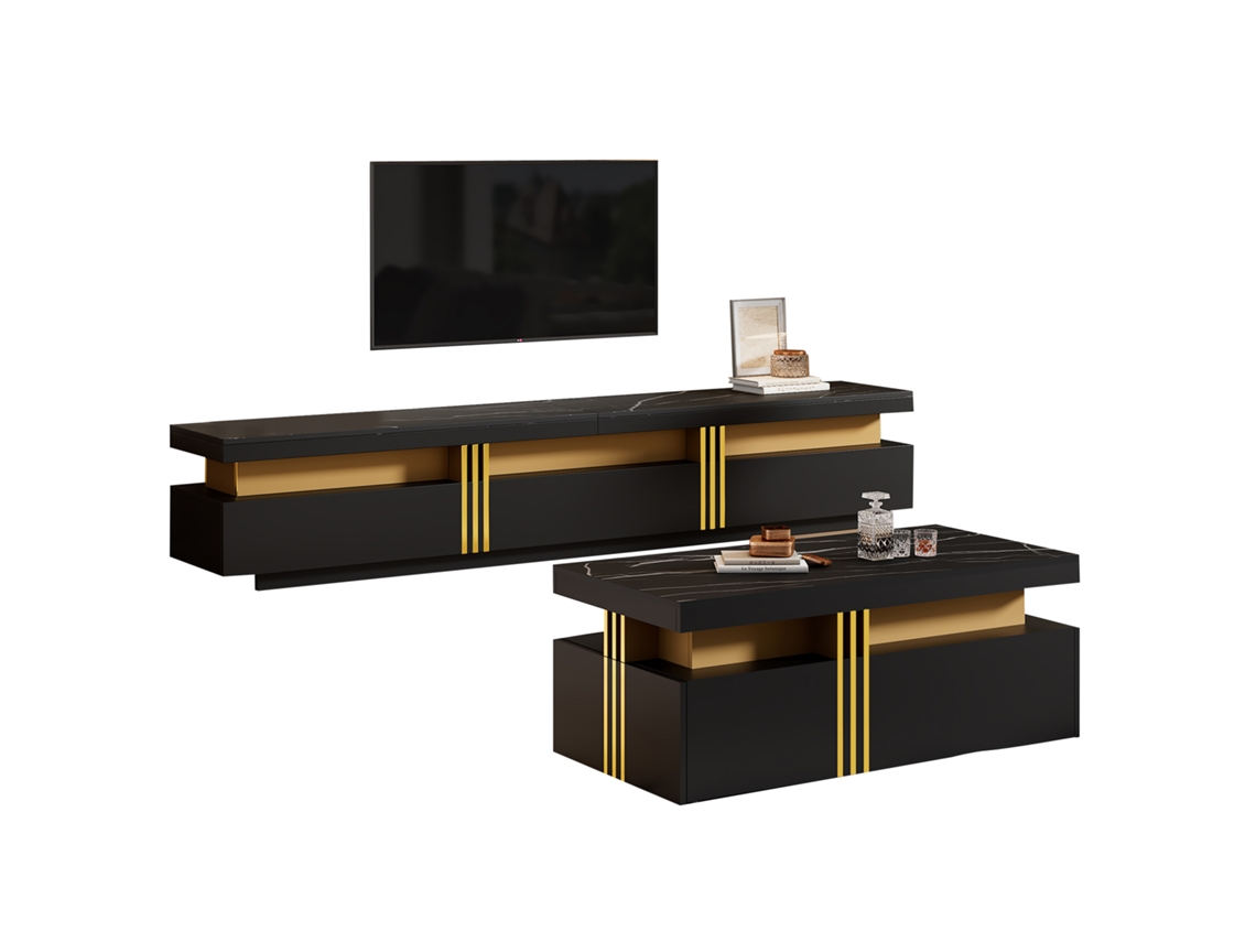 Conjunto de TV preto de parede, prateleira de sala de estar com mesa de centro e armário de TV, móveis multifuncionais Liptaptyn