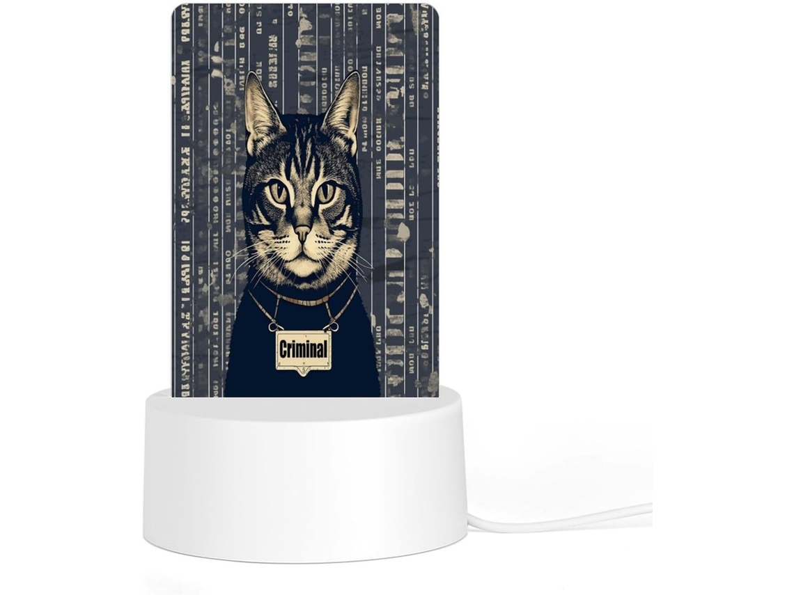 Luminária noturna de LED em acrílico com base e plugue de plástico, com impressão fotográfica de um gato criminoso, ideal para...