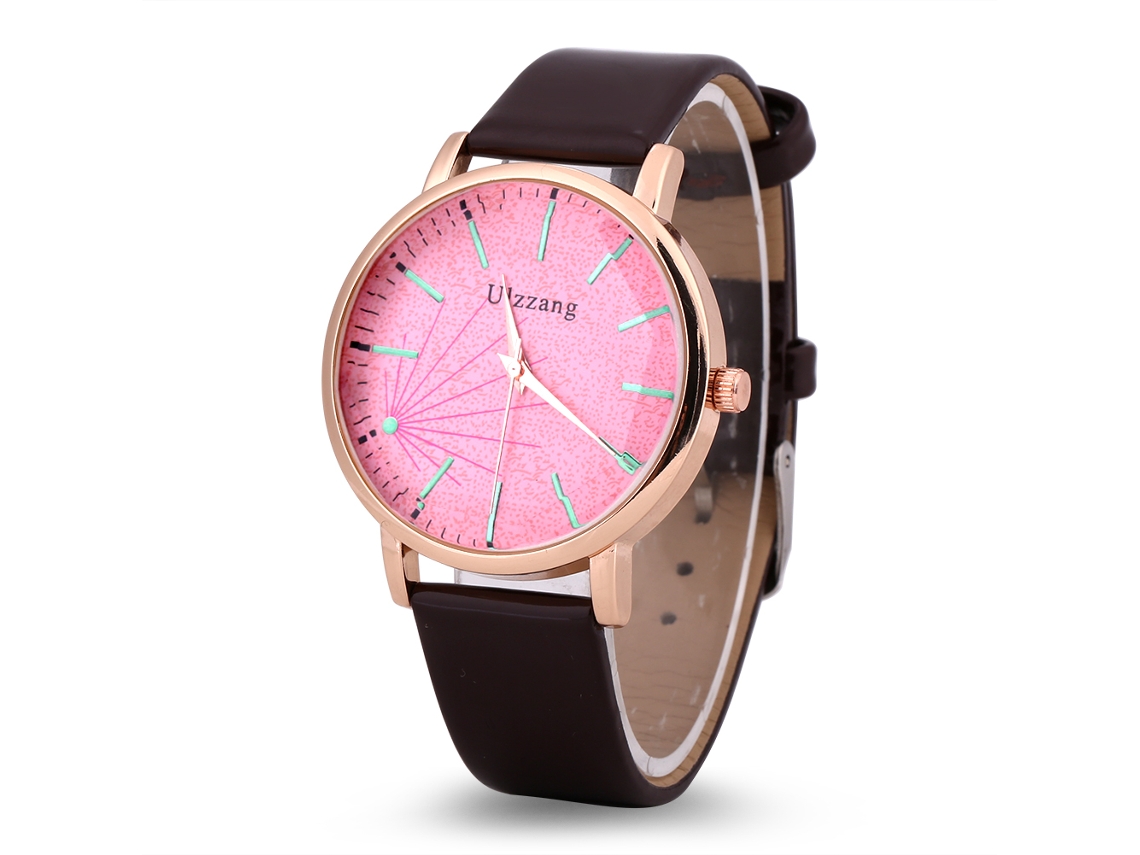 Relógio Analógico de Quartzo Feminino Ulzzang com Mostrador Grande Pulseira Pu Rosa Café