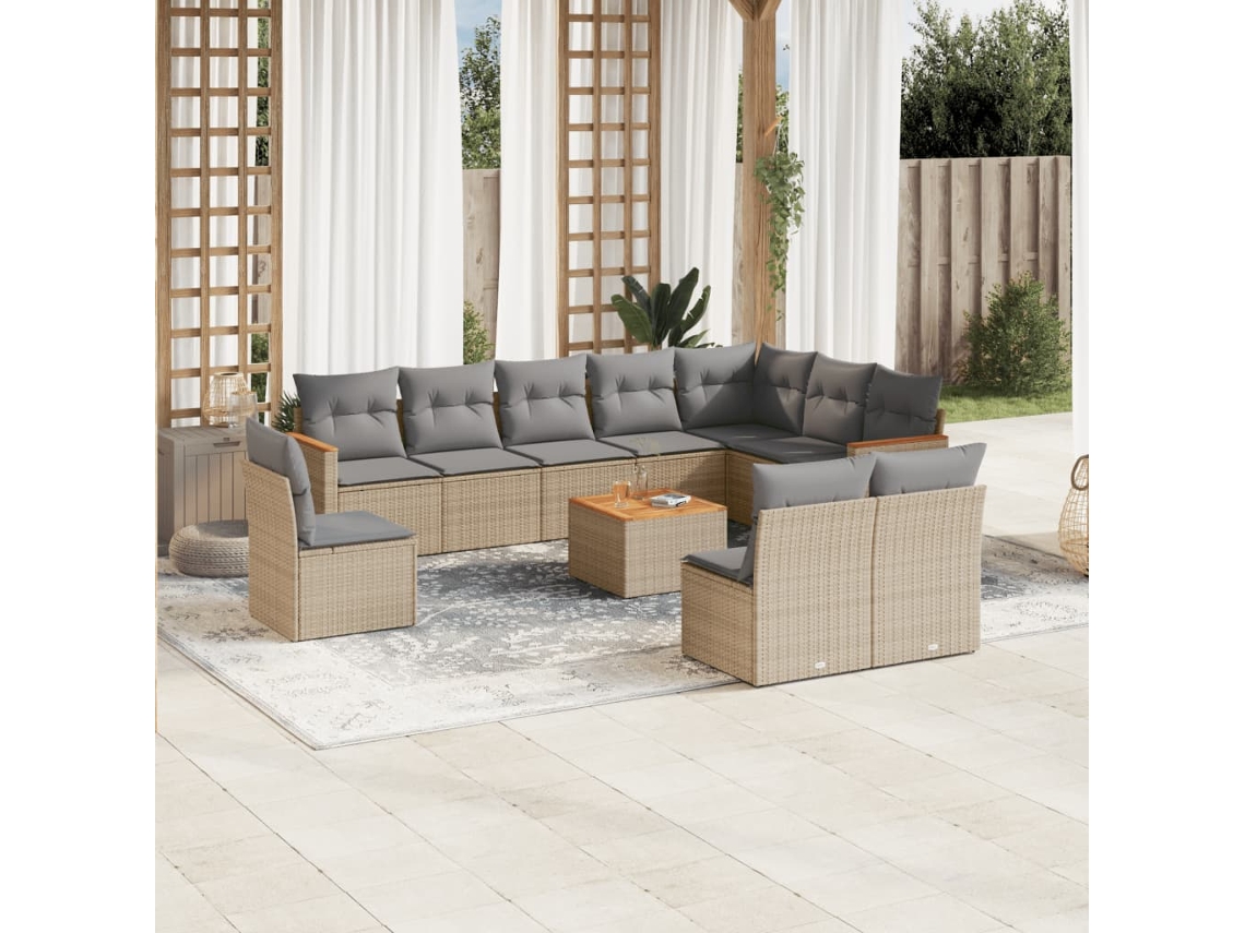 Conjunto de Sofá de Jardim 11 Peças C/ Almofadões Vime Pe Bege Dkd Home Decor