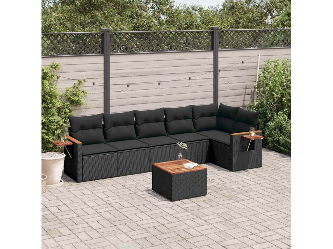 Vidaxl 7 Pcs Conjunto De Sofás P/ Jardim C/ Almofadões Vime Pe Preto