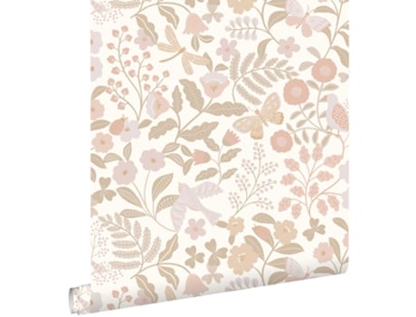 Papel De Parede Flores E Pássaros Branco,begeerosa Suave 0.53 X 10.05 M Estahome