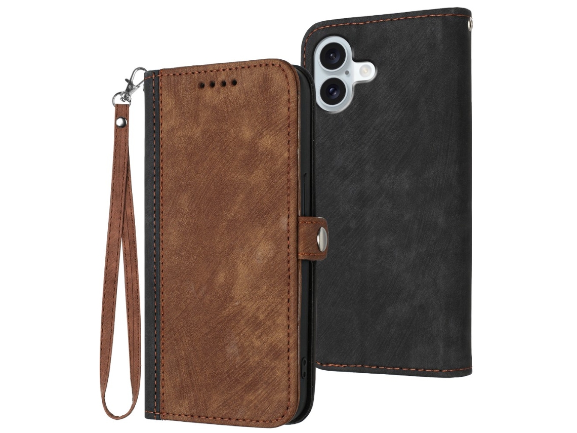 Capa Em Couro Pu Com Pega Para Apple Iphone 16 - Café