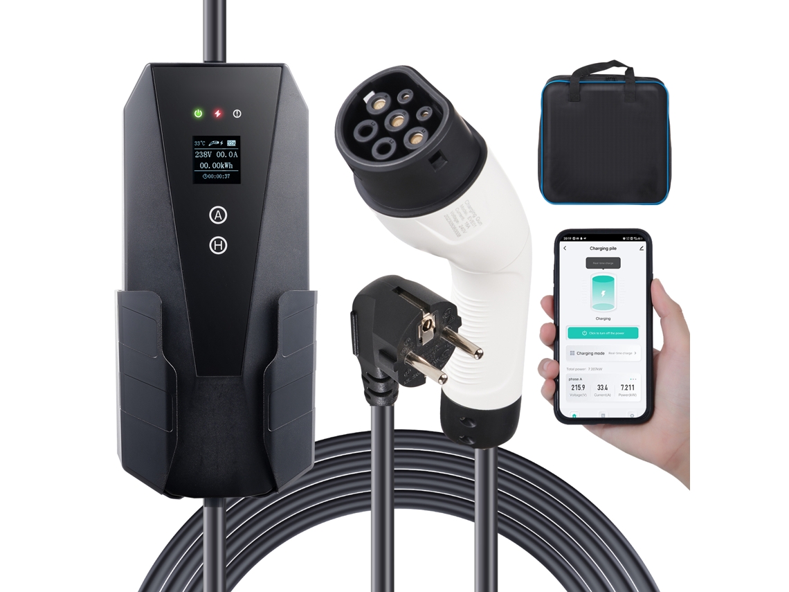 Carregador Portátil Para Veículos Elétricos Tipo 2 Succebuy, 16 A, 3,7 Kw, Com Cabo De Carregamento De 8,6 M, Plug Cee 7/7 E Tela Lcd