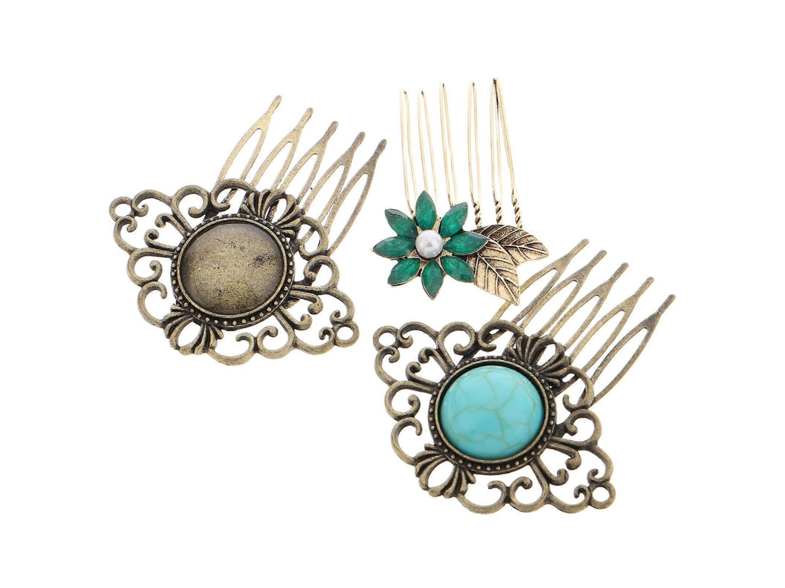 Conjunto De 3 Pentes De Cabelo Com Presilhas, Design Vintage E Cristais Turquesa. Nostalgia88