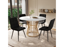 Conjunto Jantar 5pç, Mesa Mármore + 4 Cadeiras Camurça Preta, Pernas Pretas.-qq