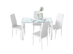 Conjunto de Refeição com Mesa Retangular de Vidro Temperado e 4 Cadeiras Estofadas em Pu com Pés de Metal Branco pt