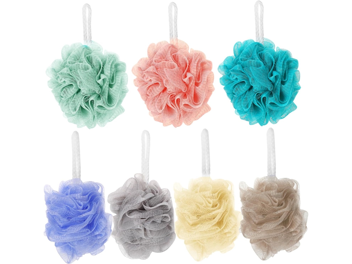 Conjunto de 7 peças de bolas de banho esfoliantes e esponja espumante Malha para limpeza.