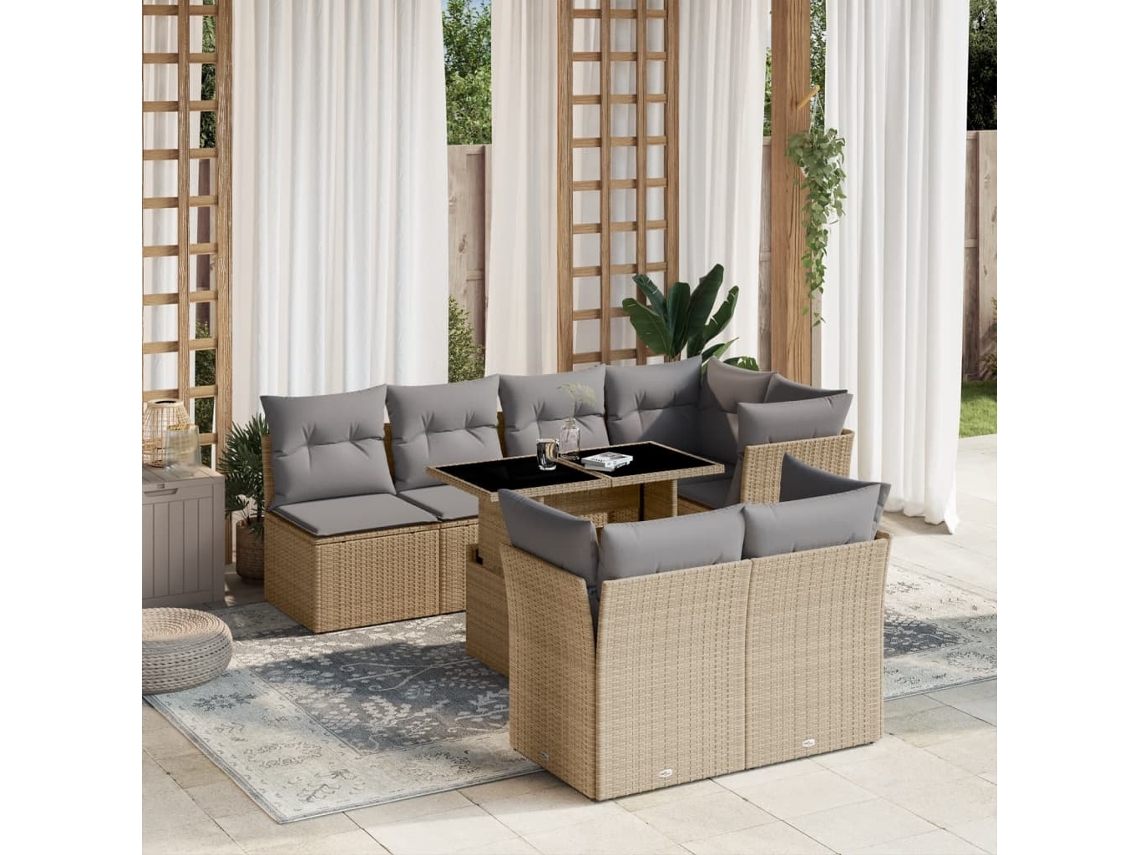 Vidaxl 8 Pcs Conjunto De Sofás P/ Jardim Com Almofadões Vime Pe Bege