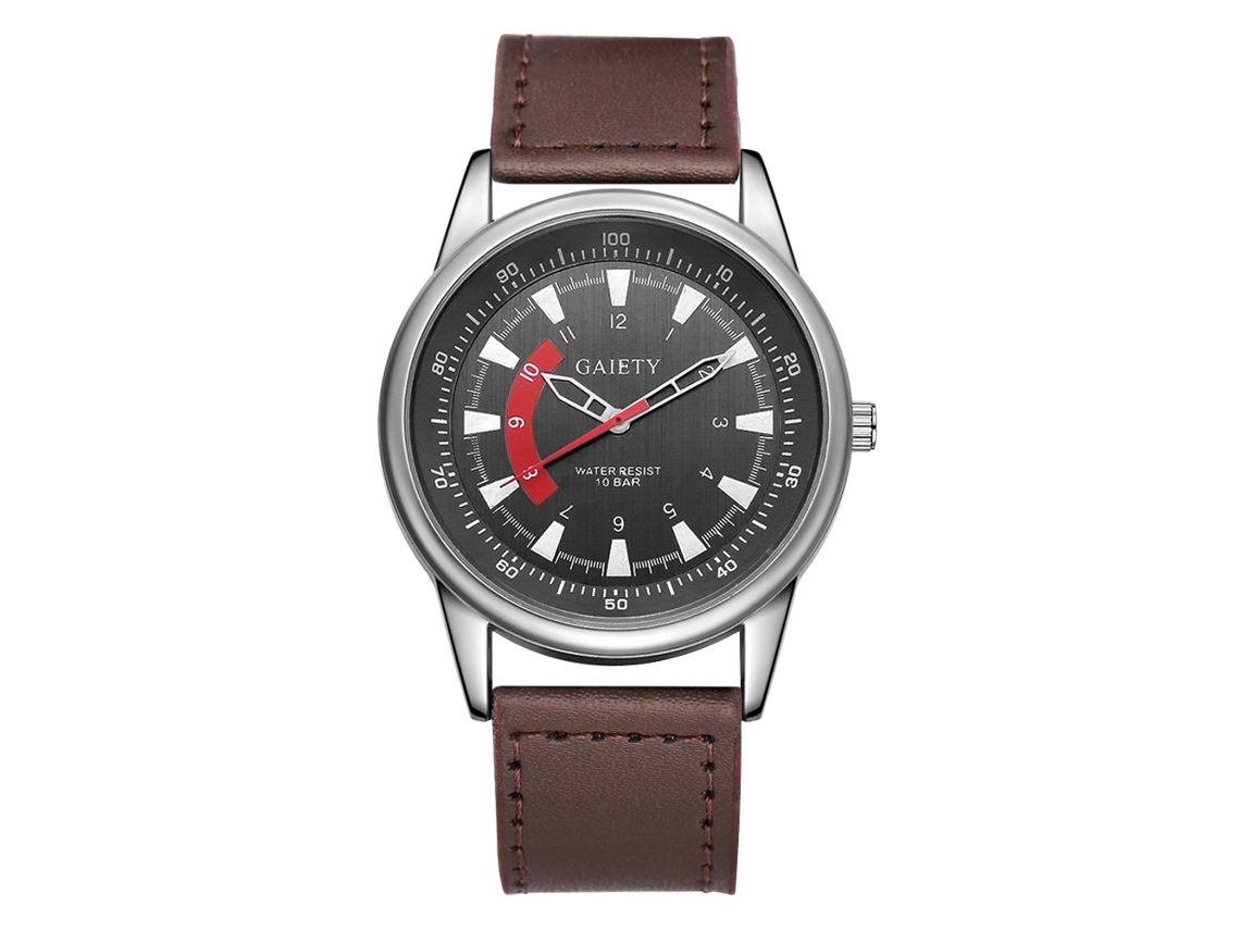 Relógio de pulso analógico masculino Gaiety, mostrador redondo, pulseira de PU, movimento de quartzo, marrom escuro